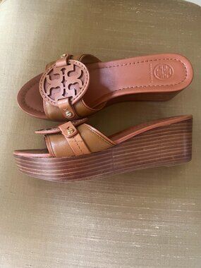Tory Burch Wedge Slide Leather Cognac Brown Sandals Size 6.5